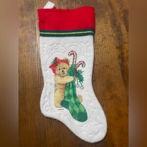 Vintage Christmas Festive Teddy Bear Felt Stocking unique retro